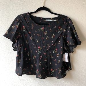 NWT Medium Black Floral Open Back Crop Top
